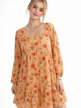 SO Yellow Floral Long Sleeve Dress with Red Flowers